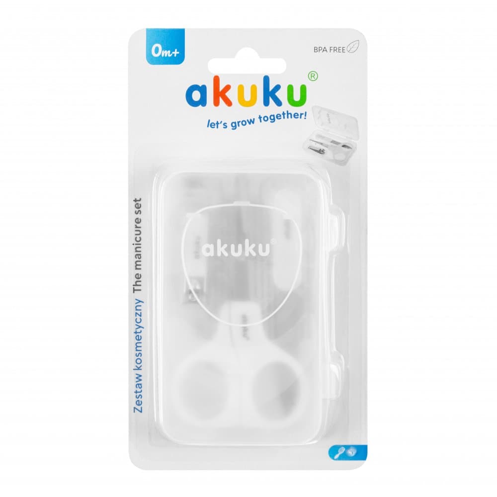 Kit de manichiura pentru bebelusi si copii Akuku White cu forfecuta,unghiera din otel inoxidabil cu limitator si pila de unghii,cutiuta depozitare inclusa