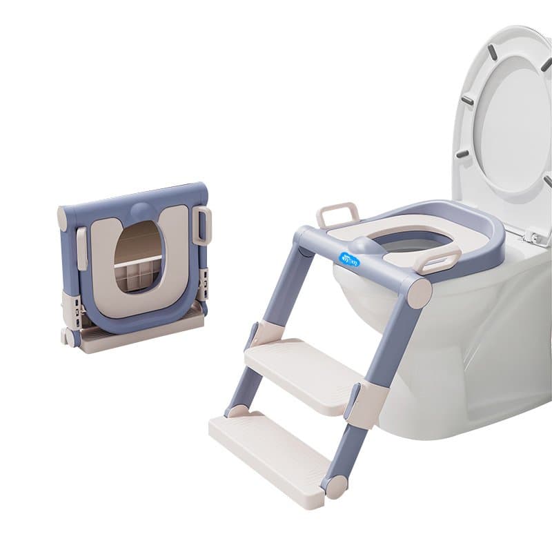 Reductor toaleta Little Mom WhiteGrey pliabil, cu scara, colac moale din spuma, protectie antistropire, reglabil pe inaltime, manere si suport lat pentru picioare