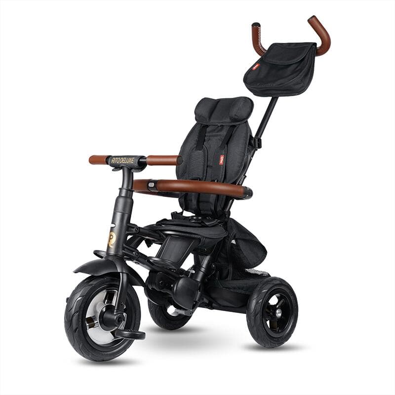 Tricicleta pentru copii Qplay Rito Deluxe negru, pliabila, cu scaun inalt, matlasat, ajustabil in 2 pozitii, maner cu control al directiei, frana dubla, copertina XXL, detalii de piele ecologica