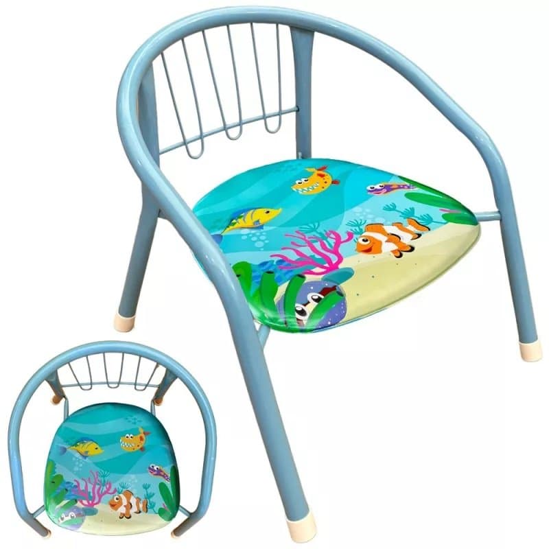 Scaunel pentru copii NiceKids cu cadru metalic, sezut moale, spatar ergonomic si picioare stabile cu protectie antiderapanta, inaltime 36 cm, Blue Ocean Fish