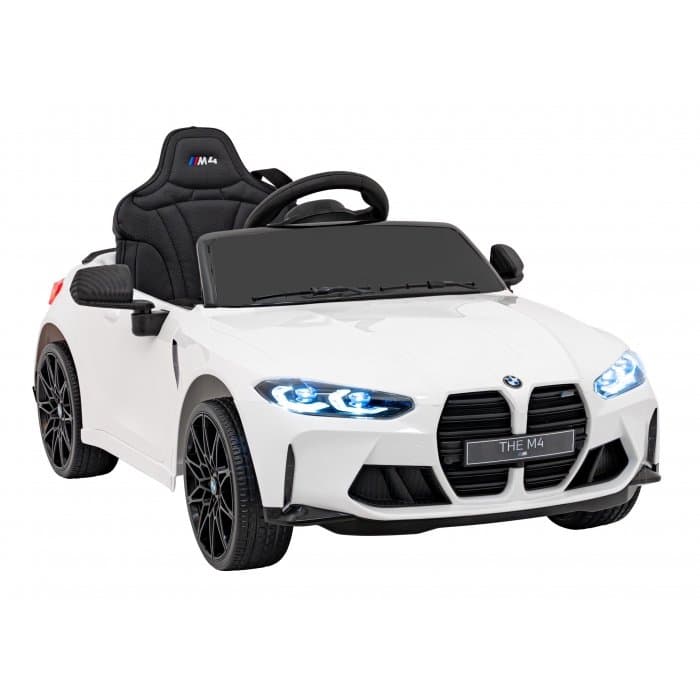 Masinuta electrica pentru copii BMW M4 alb 70W cu telecomanda, amortizoare, lumini, panou audio, scaun piele si roti din spuma Eva