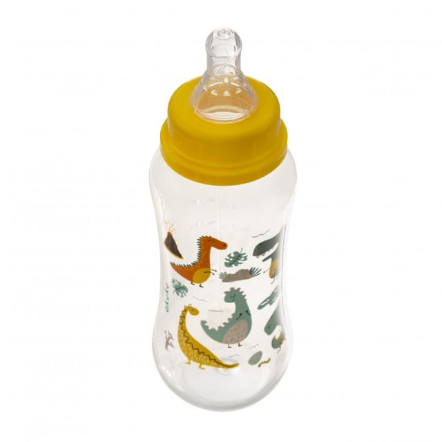 Biberon anticolici Akuku 250ml Friendly Dino cu tetina din silicon,materiale sigure fara BPA,capac cu filet etans care impiedica varsarea