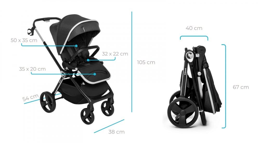 Carucior reversibil pentru copii, cu pliere compacta spatar si viziera reglabile Kidnort Isbjorn Black pana la 22 kg, roti cu suspensii, accesorii incluse, suport pentru pahar