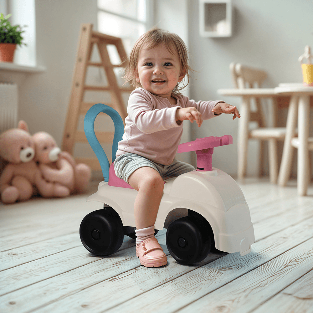 Ride-On fetite fara pedale Dolu Foot to Floor albroz, cu volan, spatar cu posibilitatea de impingere, spatiu de depozitare, claxon