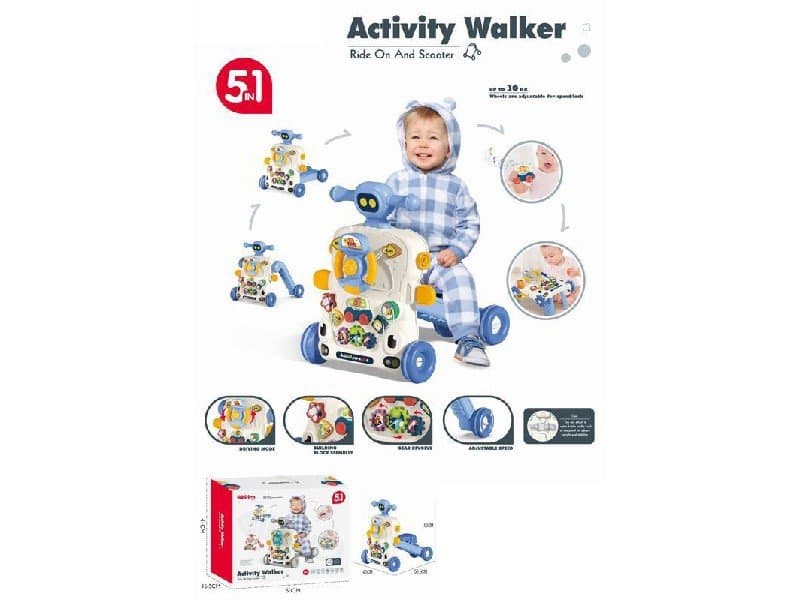 Antemergator multifunctional 5 in 1, cu Volan, ghidon reglabil, Roti antiderapante, angrenaje rotative, dimensiune 40.5 x 43.5cm, Blue Car
