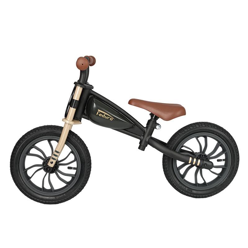 Bicicleta fara pedale QPlay Feduro Negru-Auriu Balance bike, roti 12 inch gonflabile, sa ajustabila din piele ecologica, varsta 3-6 ani