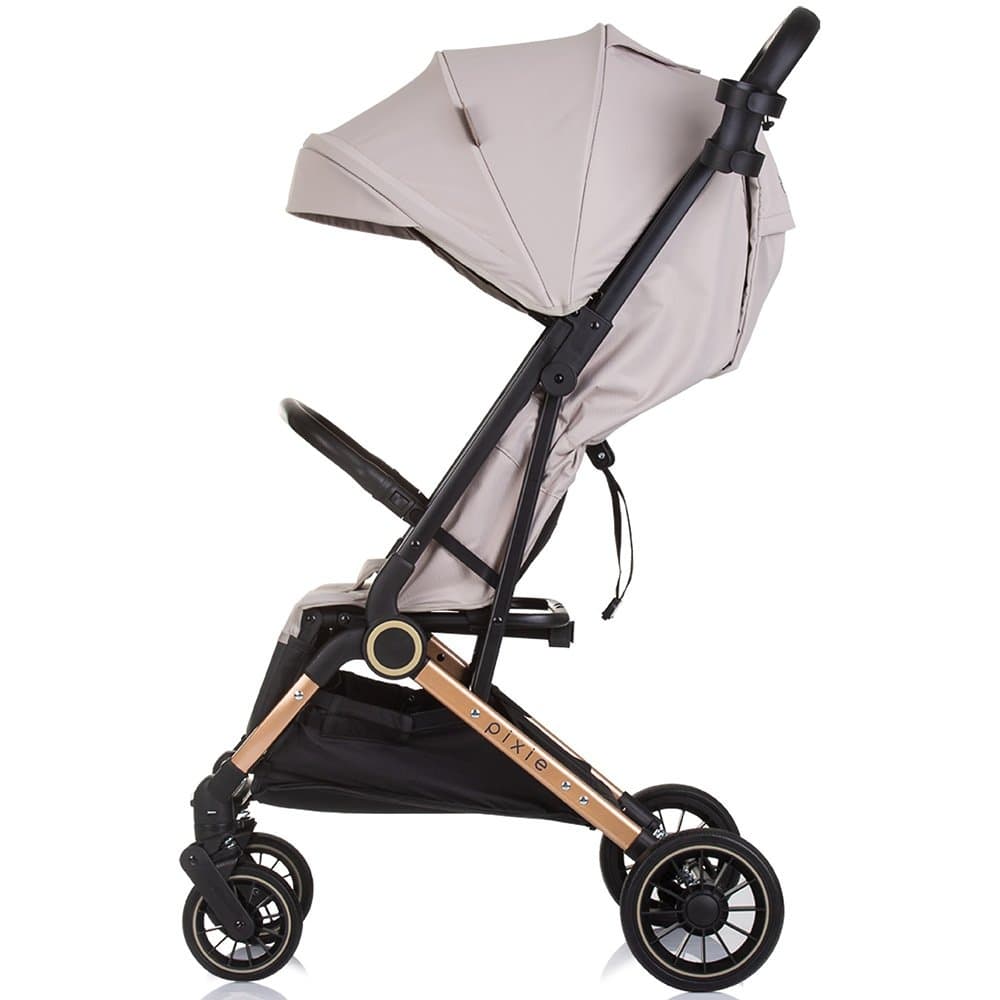 Carucior pentru copii Chipolino Pixie tiramisu cu spatar reglabil, suspensii, sistem tip troller, suport reglabil pentru piciore