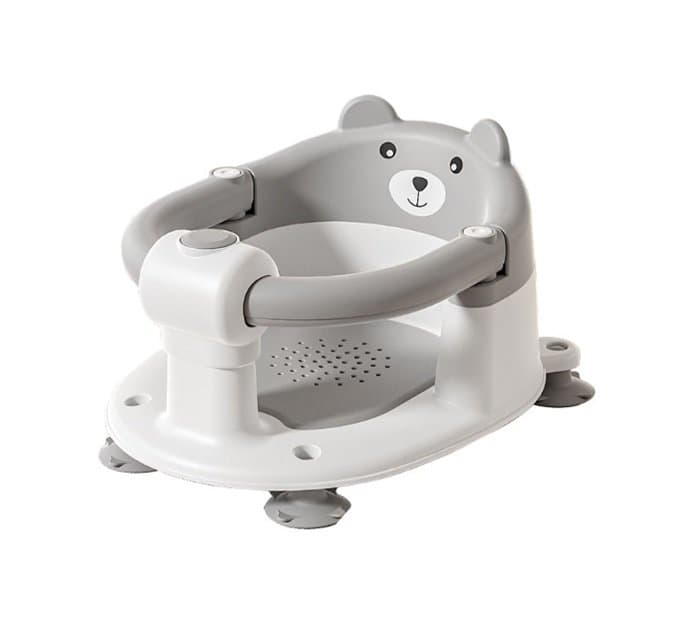 Scaunel de baie pentru copii Little Mom Bear Grey model universal cu spatar ergonomic, ventuze de fixare, brate mobile, dimensiuni 21x41x24 cm