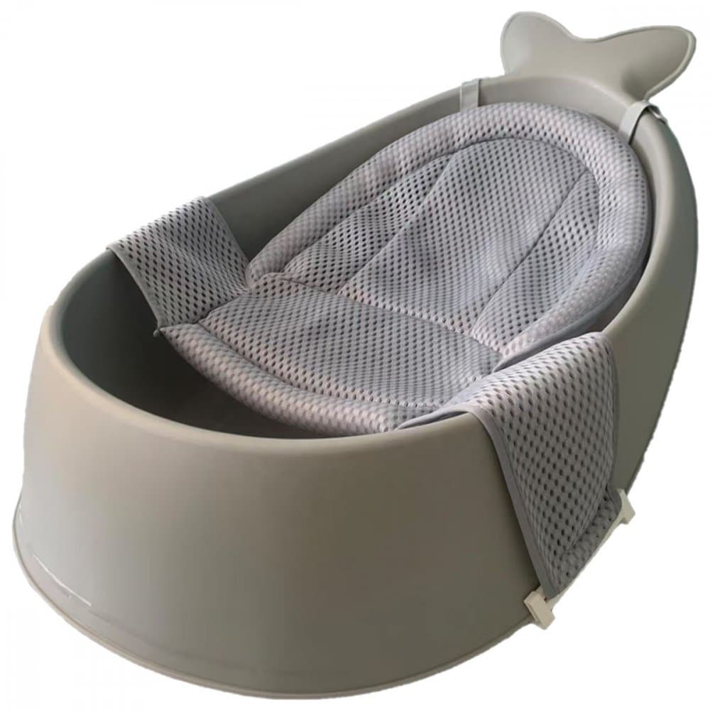 Cadita pentru bebelusi Little Mom Grey Splashy Whale Tub, design ergonomic, cu dop de scurgere, carlig integrat, dimensiune 78 x 55 x 34 cm, Hamac din plasa inclus