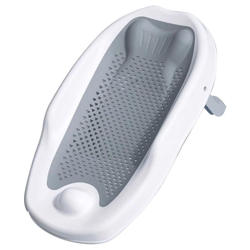 Suport de baie pentru bebelusi Little Mom Grey ComfortBath Baby, design ergonomic pliabil, usor de transportat, prevazut cu tetiera, suprafata texturata cu orificii de drenaj, material non-toxic