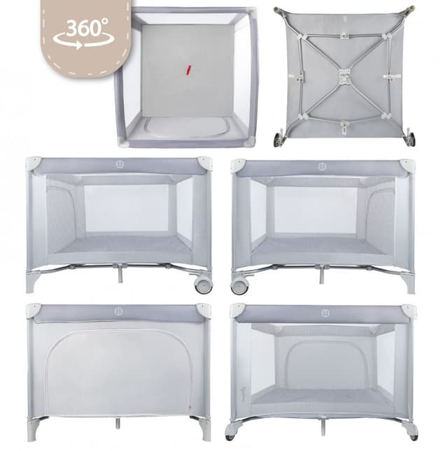 Tarc de calatorie pentru copii Malplay, 2 in 1, intrare cu fermoar, roti cu frana, cu 3 pereti din plasa, pliabil cu saltea si geanta de transport incluse, dimensiune 100 x 100 cm, grey