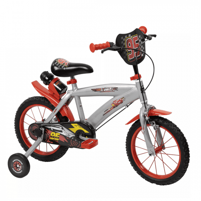 Bicicleta copii Huffy Cars 16 inch, cu roti ajutatoare si sticluta de apa cu suport, frana de mana pe ambele roti, scaun si ghidon reglabile, scut frontal, anvelope cu profil gros