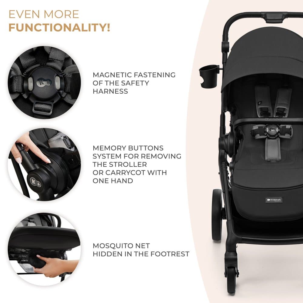 Carucior pentru copii 3 in 1 Kinderkraft Yoxi Moonlight Grey 0-22 kg, cadru din aluminiu, accesorii incluse