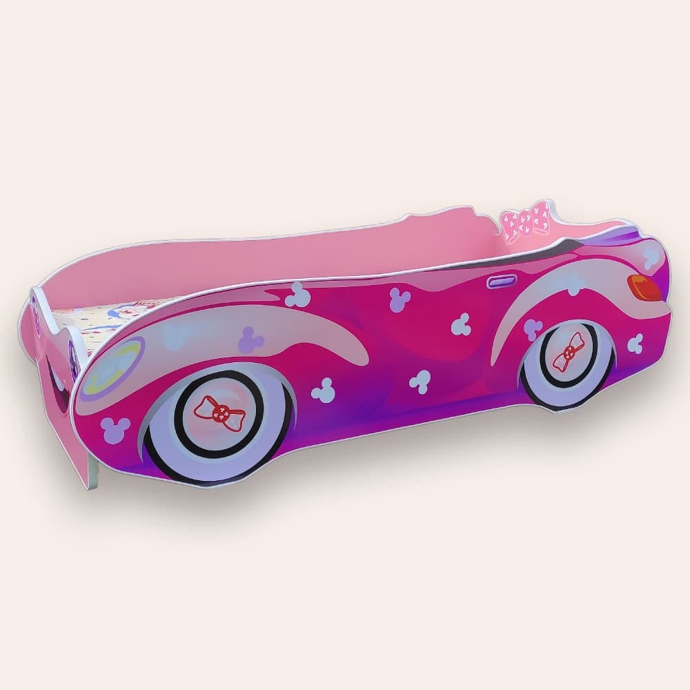 Pat pentru copii masina Minnie Roz cu saltea, 2-12 ani, 160x80 cm