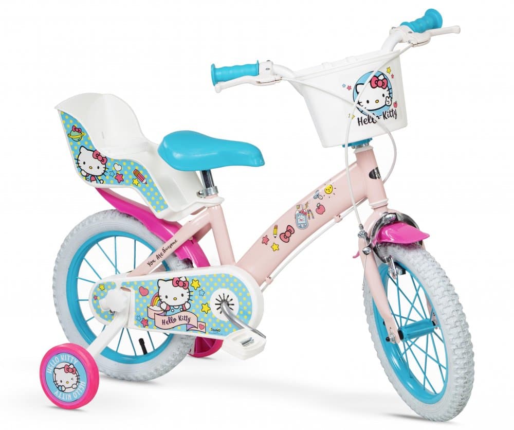 Bicicleta pentru fetite Toimsa Hello Kitty 14 inch cu roti ajutatoare, 2 cosulete, frana de mana pe ambele roti, scaun si ghidon reglabile pe inaltime