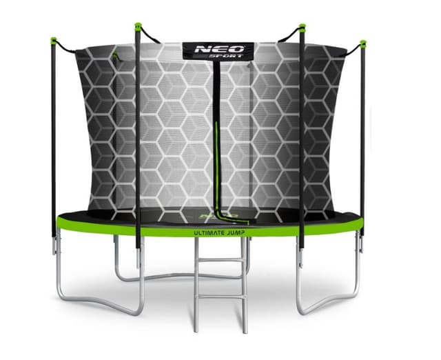 Trambulina de gradina pentru copii Neo-Sport, 252 cm  8ft, cu scara si plasa interioara, stalpi metalici cu protectie din burete, intrare cu fermoar si catarama, covoras impermeabil flexibil