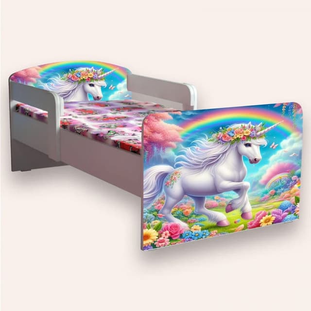 Pat pentru copii Unicorn varianta 2, cu manere si saltea, 2-6 ani, 130x60 cm