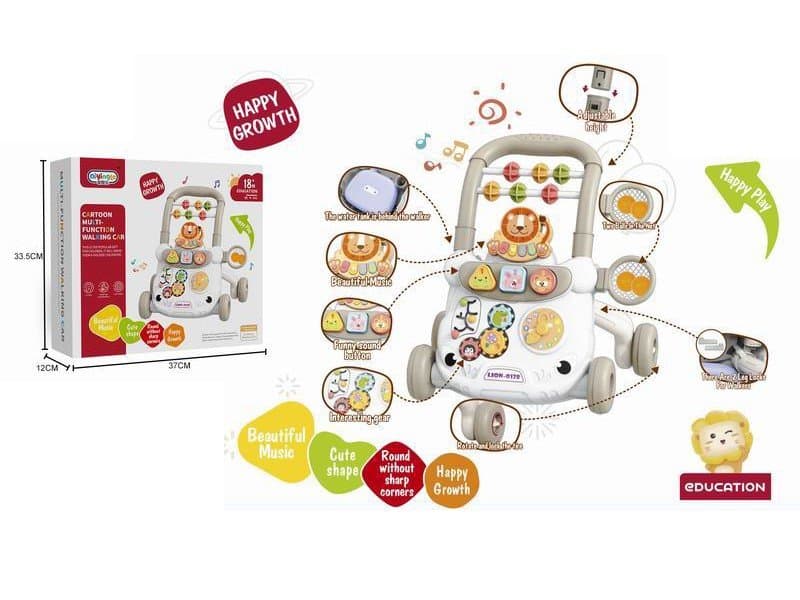 Antepremergator 2 in 1 educational, centru de activitati pentru copii Lion, cu ceas, angrenaje rotative, cos de baschet, dimensiune 49 x 41 x 33 cm