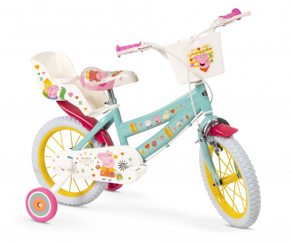 Bicicleta pentru fetite Toimsa Peppa Pig Green 14 inch cu roti ajutatoare, 2 cosulete, frana de mana pe ambele roti, scaun si ghidon reglabile pe inaltime