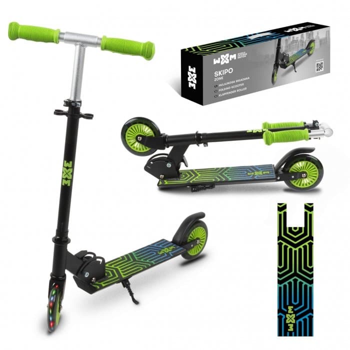 Trotineta pliabila pentru copii WXM Skipo Zone, cadru din aluminiu, roti cu lumini led, greutate admisa 25 kg
