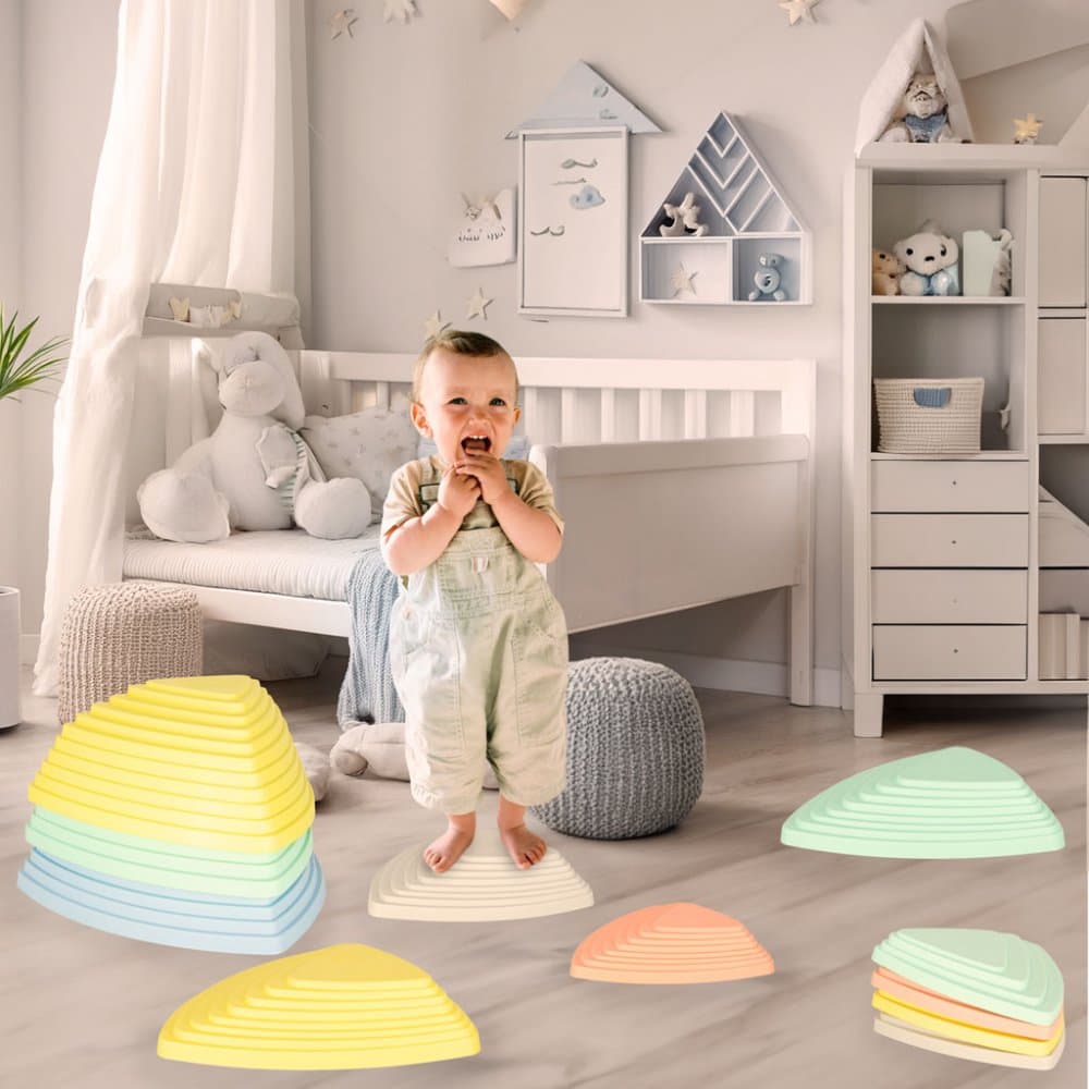 Set 11 pietre de echilibru pentru copii pastel, design ergonomic si inaltimi variabile
