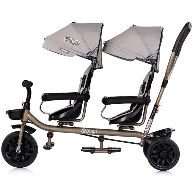 Tricicleta pentru gemeni Chipolino Hip Hop Latte cu sezut rotativ 360 grade, suporturi pentru picioare, bara de protectie, cosulete