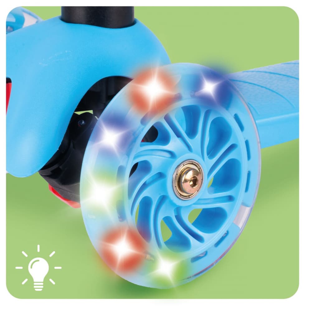 Trotineta pentru copii Malplay Blue, 3 roti cu LED din PU, reglabila, cu platforma antiderapanta si frana de picior