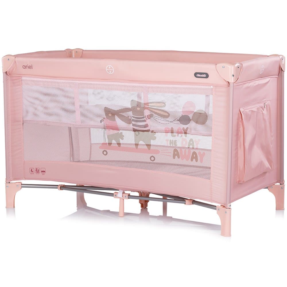 Patut pliabil pentru copii Chipolino Ariel Powder Pink 120x60 cm, doua nivele, intrare laterala cu fermoar, geanta pentru transport