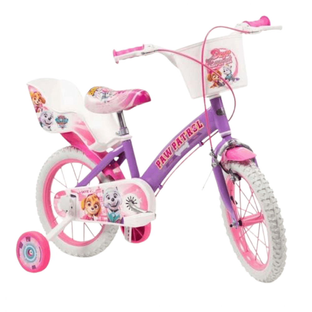 Bicicleta pentru copii Toimsa Paw Patrol Girl 14 inch, inaltime utilizator 105-117 cm, roti ajutatoare, cos frontal, scaunel pentru papusa
