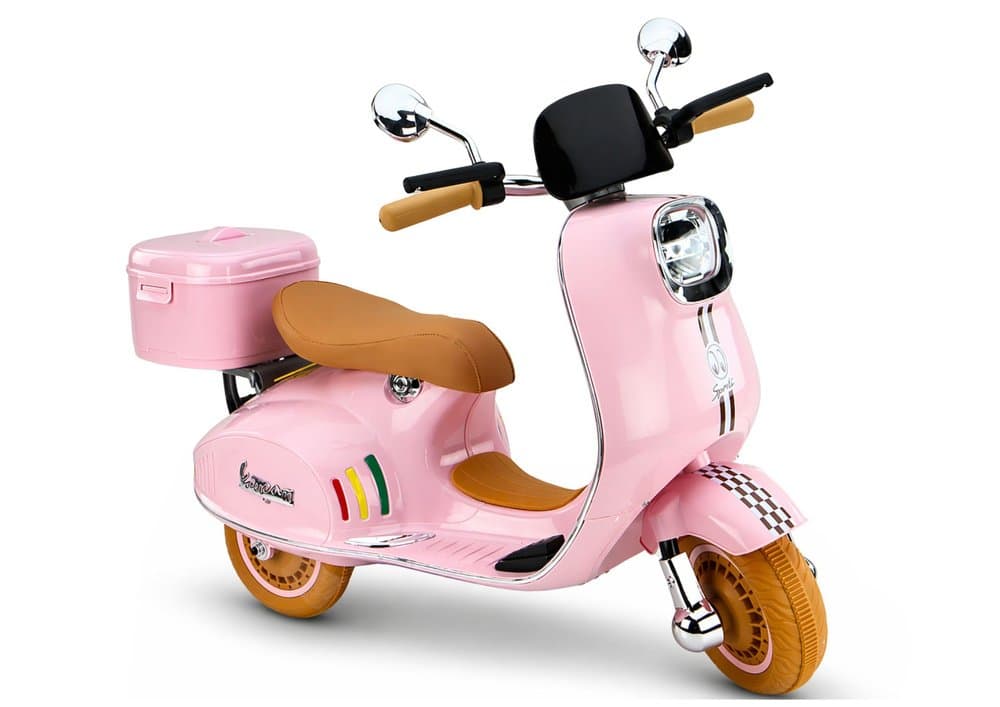 Scooter electric pentru copii Vespa XW-05 Pink, motorizare 2 x 35W, faruri LED frontale, panou muzical cu intrare MP3 si USB, 94 x 46 x 63 cm