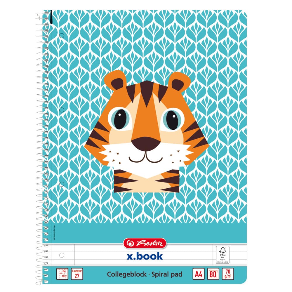 Caiet dictando cu spirala, A4, Herlitz, Cute Animals, Tigru, 80 file