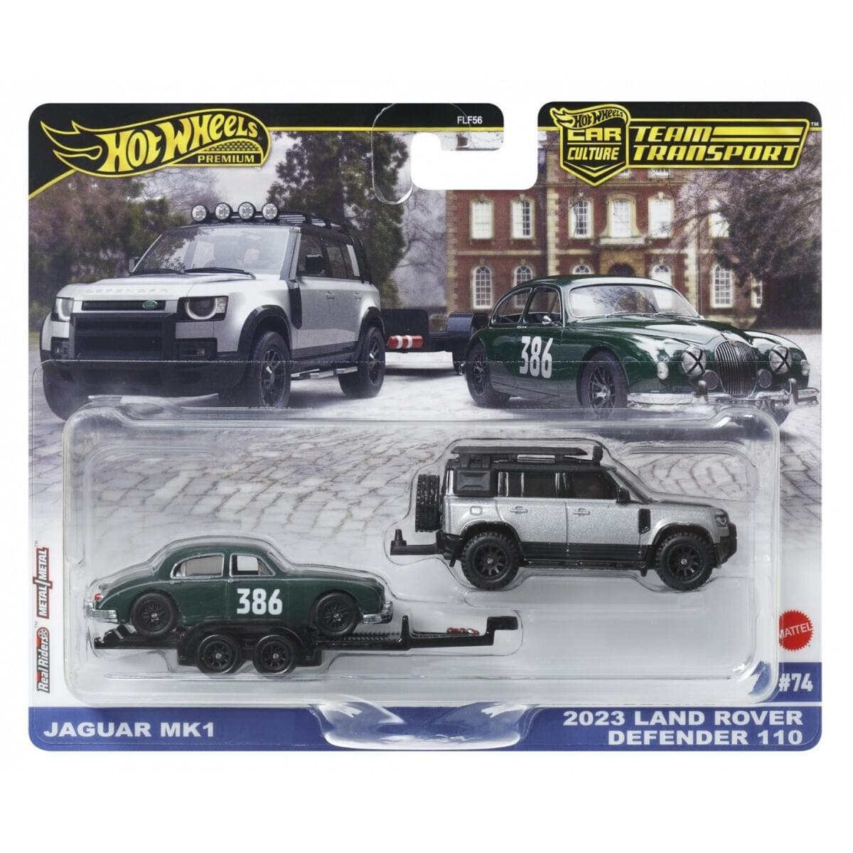 Transportator cu masinuta Hot Wheels, 2023 Land Rover Defender 110 si Jaguar MK1, JBM29