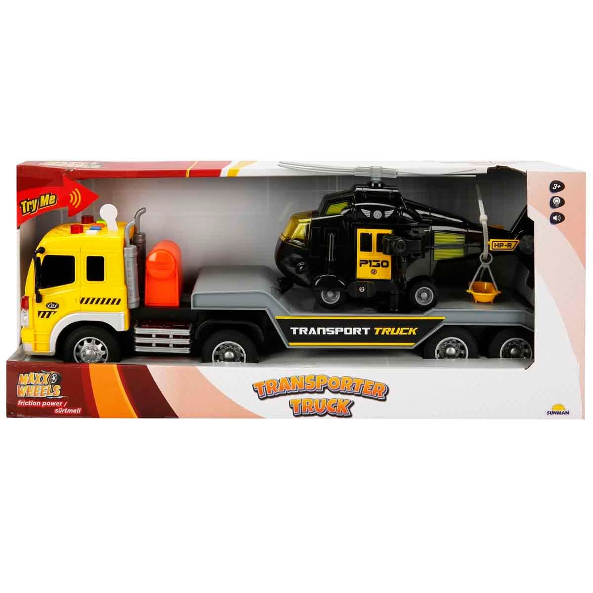 Set transportator cu elicopter, Maxx Wheels, Negru, 1:16