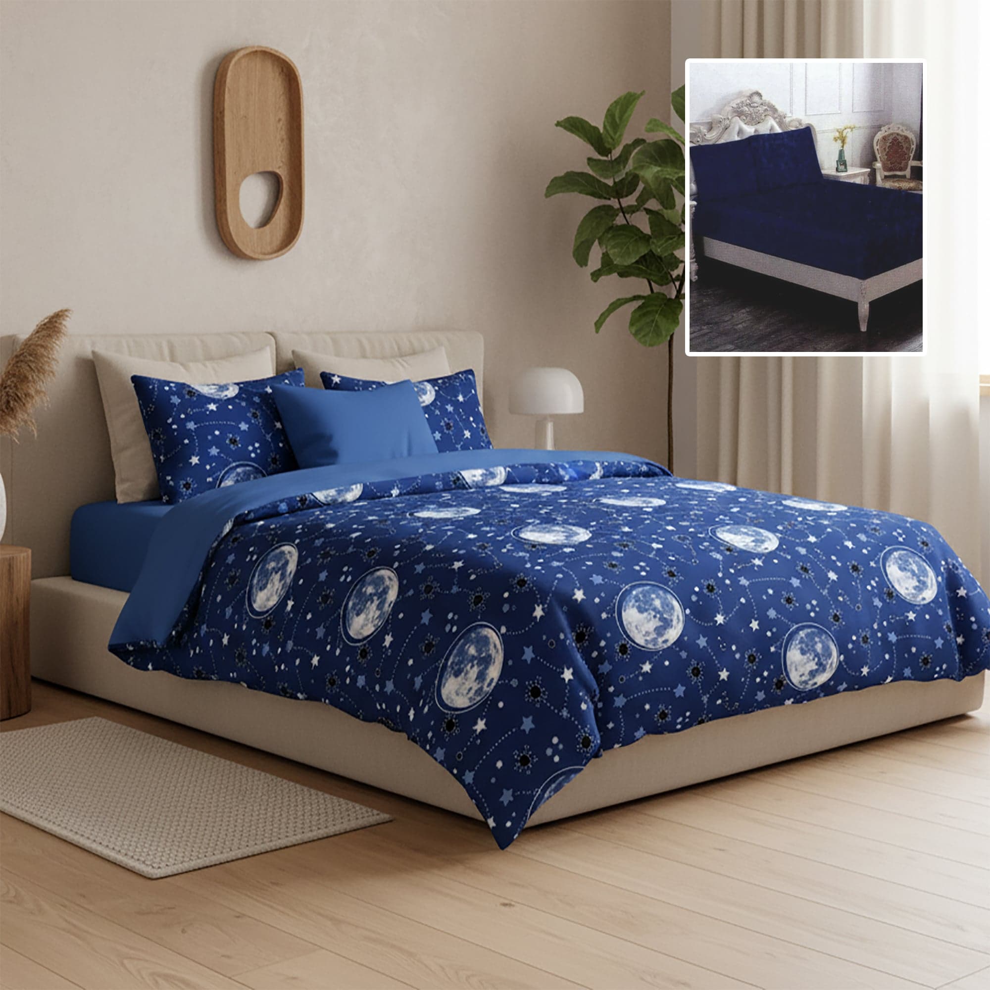 Lenjerie de pat finet 6 piese, cearceaf pat cu elastic, cearceaf pilota 200x230, 2 fete perna 50x70, 2 fete perna 70x70, Extra, Galaxy