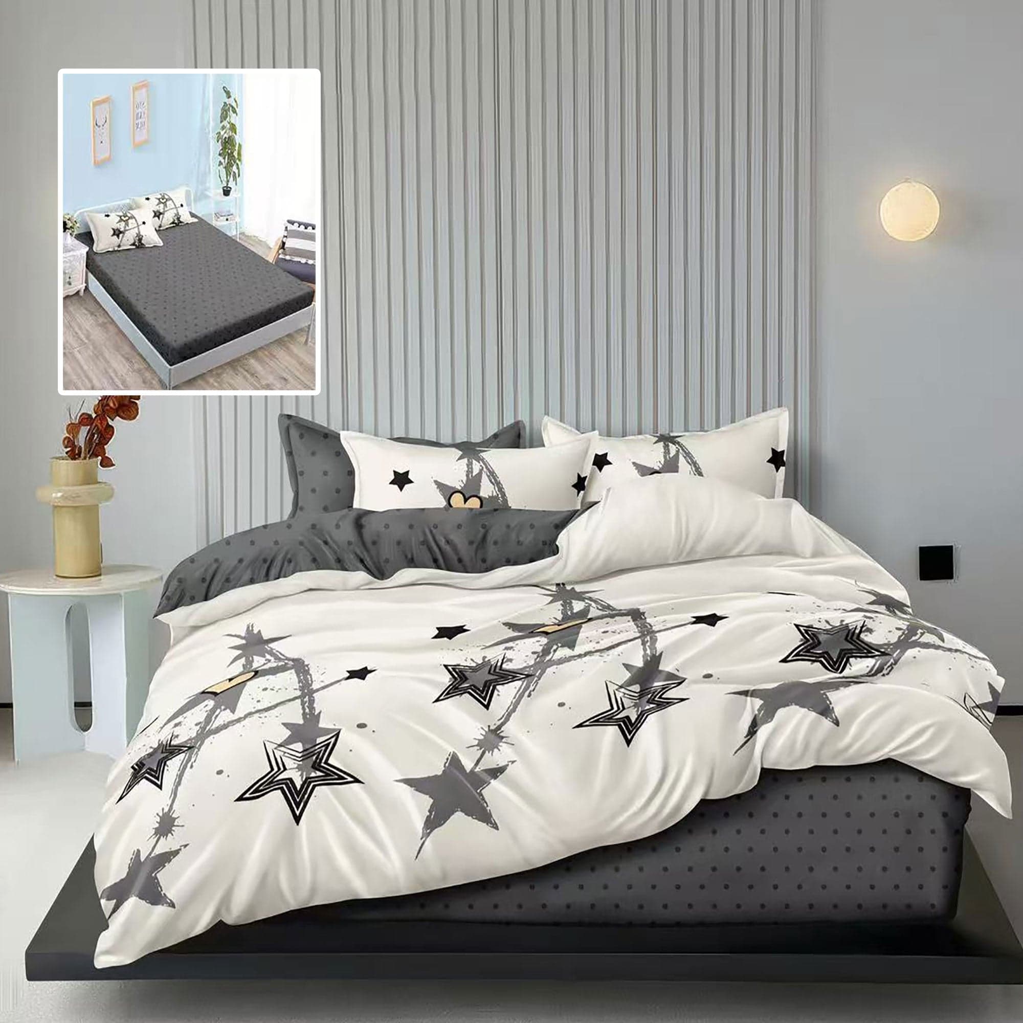 Lenjerie de pat finet 6 piese, cearceaf pat cu elastic, cearceaf pilota 200x230, 2 fete perna 50x70, 2 fete perna 70x70, Extra, Stelute
