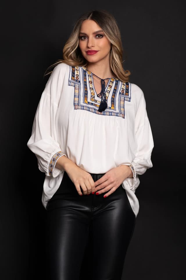 Bluza tip ie din bumbac cu broderie multicolora