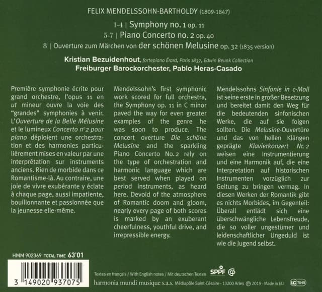 Mendelssohn: Piano Concerto No. 2 & Symphony No. 1 | Freiburger Barockorchester, Pablo Heras-Casado, Kristian Bezuidenhout, Mendelssohn