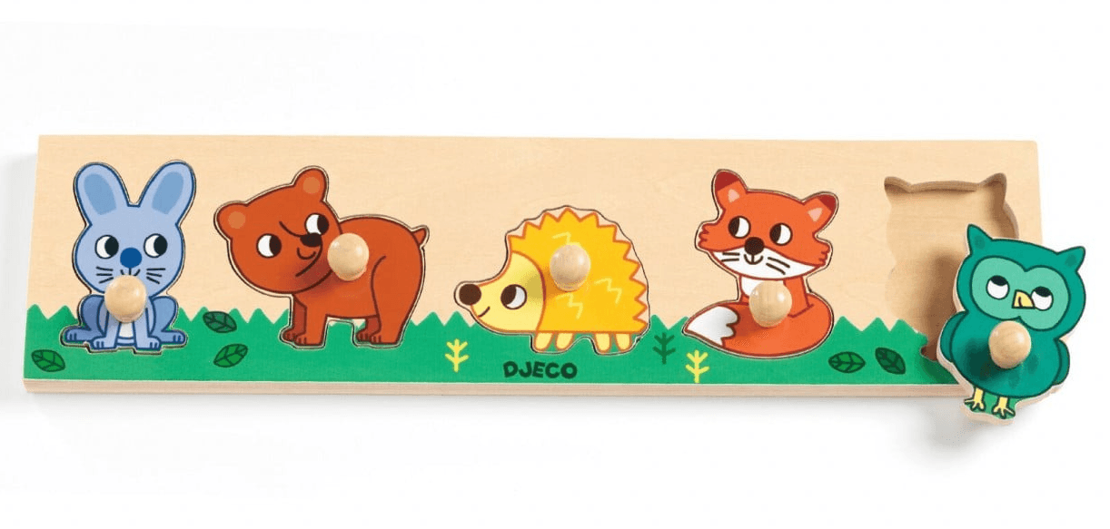 Puzzle din lemn, cu buton - Animale din padure | Djeco