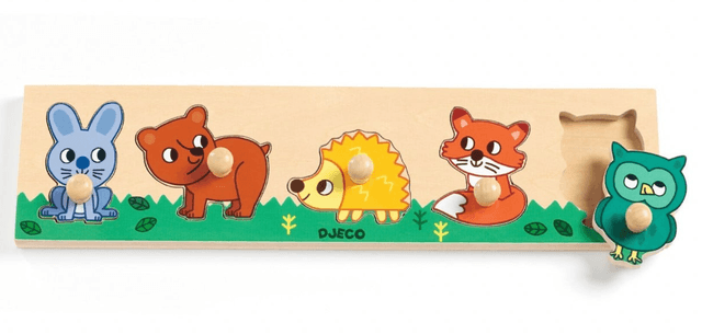 Puzzle din lemn, cu buton - Animale din padure | Djeco