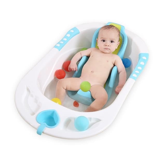 Cadita pentru copii Little Mom Sunny Blue echipata cu manere antiderapante, Dop de scurgere, dimensiune 88 x 51 x 22 cm, si Reductor detasabil ergonomic cu fixare in ventuze inclus
