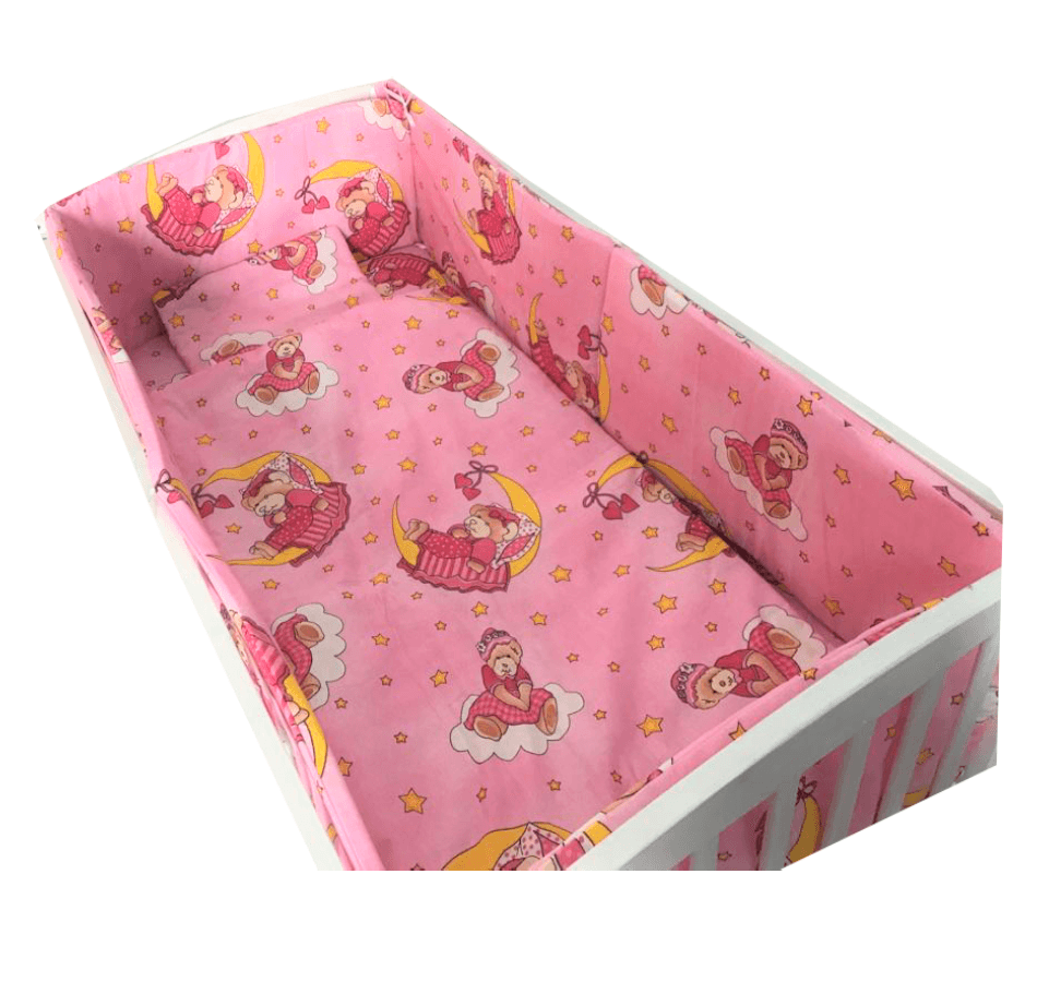 Lenjerie patut cu 5 piese Croitoria Noastra Bunica Ursulet roz 140x70 cm