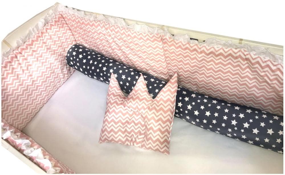 Lenjerie patut 120x60 cm 7 piese cu bumper Deseda Zig-Zag roz