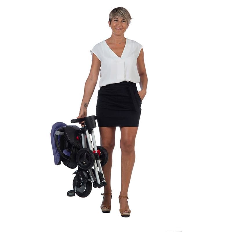 Tricicleta pentru copii Qplay Nova Albastru Inchis ultrapliabila, roti Eva, cadru din aluminiu, scaun rotativ, sistem roata si ghidon liber, varsta 10 luni+