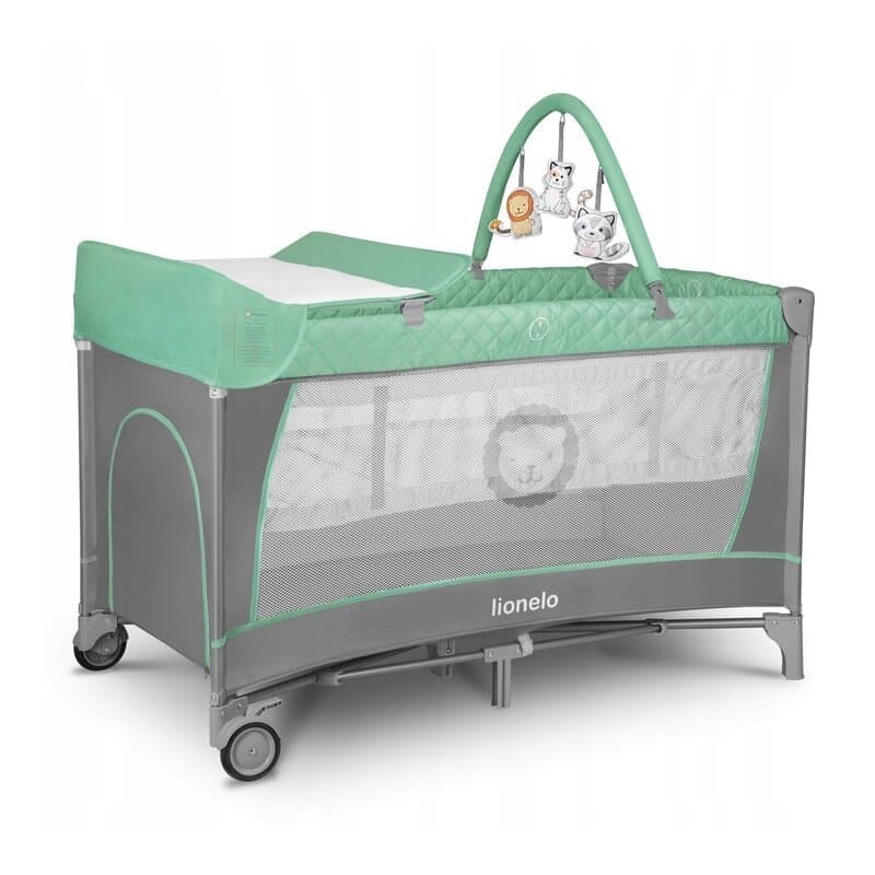 Patut pliabil Lionelo Flower Turquoise cu doua nivele,arcada, masuta de infasat, bara cu jucarii, Conform cu standardele europeane de securitate EN 716 si EN12221