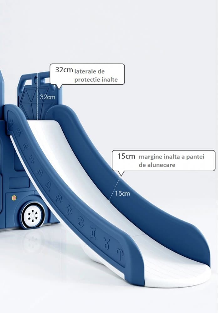 Spatiu de joaca 3 in 1 pentru copii Nichiduta Garden Happy Bus Blue cu tobogan, cos de baschet, 190 x 210 x 116 cm, utilizare interiorexterior, usa cu deschidere, margini rotunjite