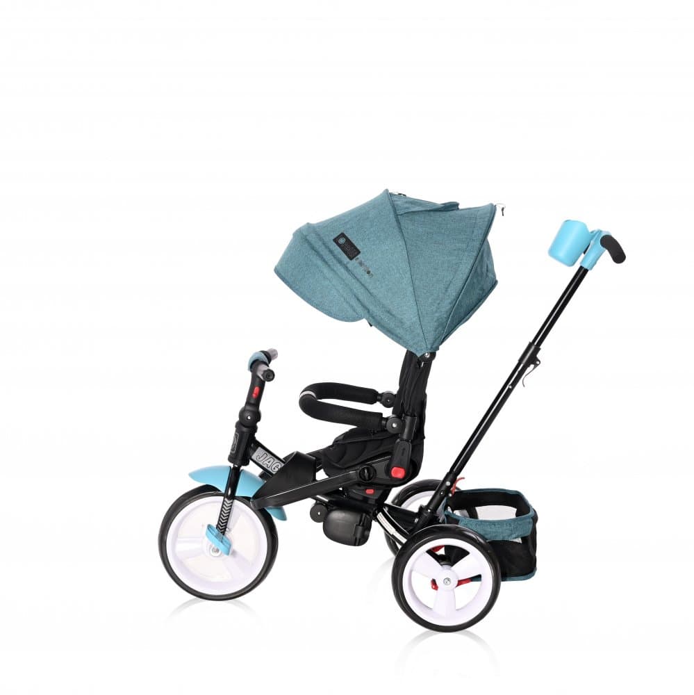 Tricicleta pentru copii Lorelli Jaguar Green Luxe 4 in 1 multifunctionala, cu maner cu control parental, scaun rotativ, 2 tipuri de suport pentru picioare si spatar inalt reglabil pe 2 pozitii