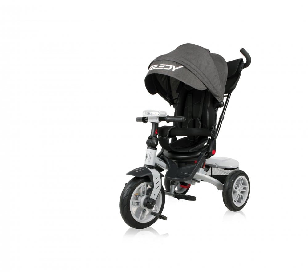 Tricicleta pentru copii Lorelli Speedy Air Black multifunctionala, 4 in 1 , scaun rotativ, spatar inalt reglabil pe 3 pozitii, maner cu control parental, 2 tipuri de suport pentru picioare