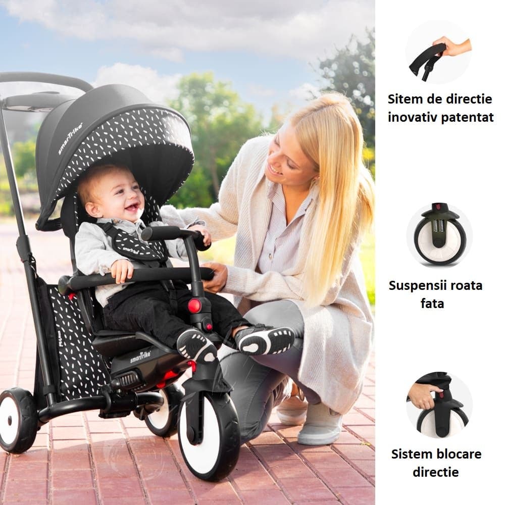 Tricicleta pentru copii Smart Trike STR3 Roz 6 in 1 ultrapliabila, dotata cu frana, scaun rabatabil, sistem patentat cu tehnologie Touch Steering, varsta 10 luni+