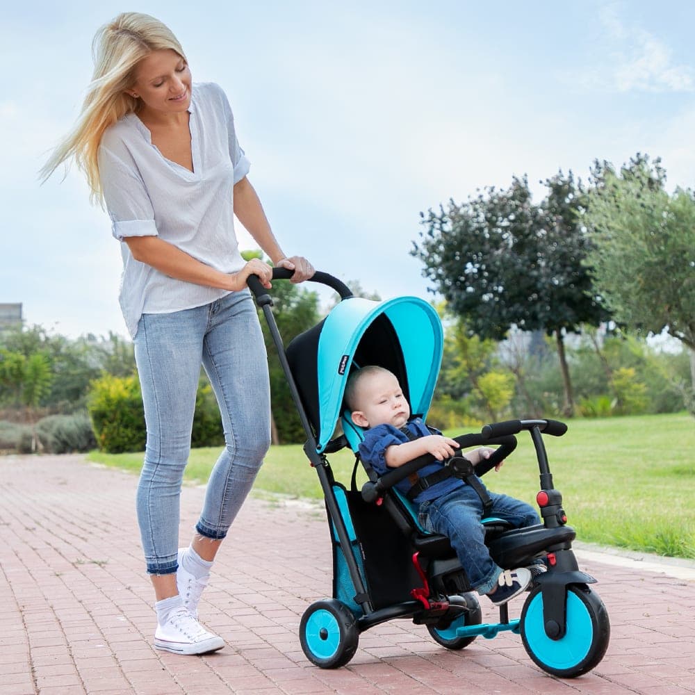 Tricicleta pentru copii Smart Trike STR3 Albastru 6 in 1 ultrapliabila, dotata cu frana, scaun rabatabil, sistem patentat cu tehnologie Touch Steering, varsta 10 luni+