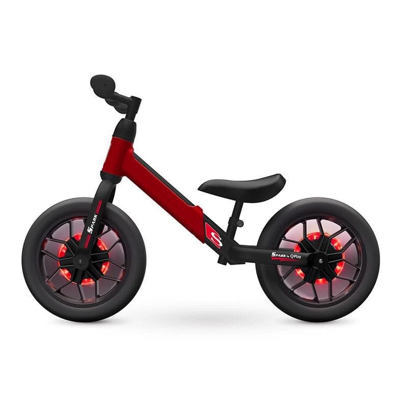 Bicicleta copii fara pedale Balance bike QPlay Spark Rosu 12 inch, de la 3 ani pana la 30 kg, iluminare LED la roti, ghidon ajustabil cu mansoane anti-alunecare, sa ajustabila pe inaltime, roti de cauciuc